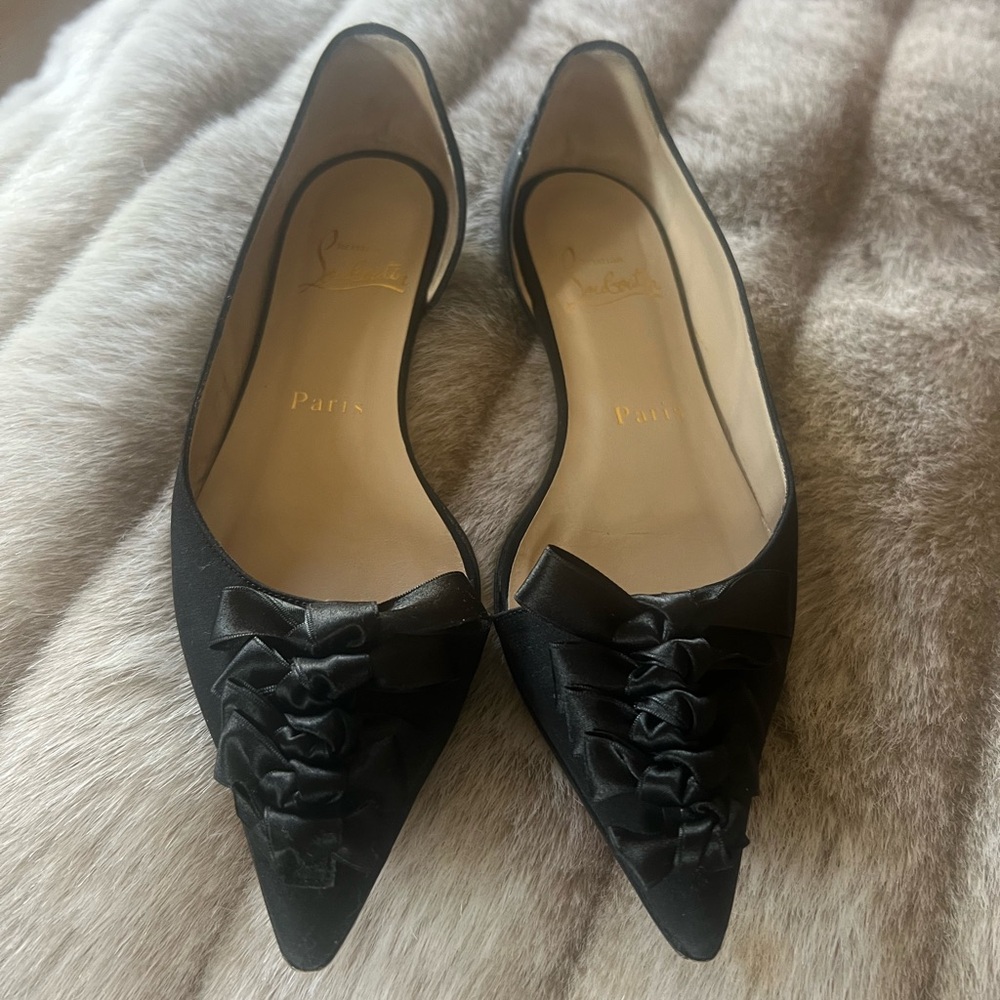 Christian Louboutin Black Satin Loafers with Ruffle Detail